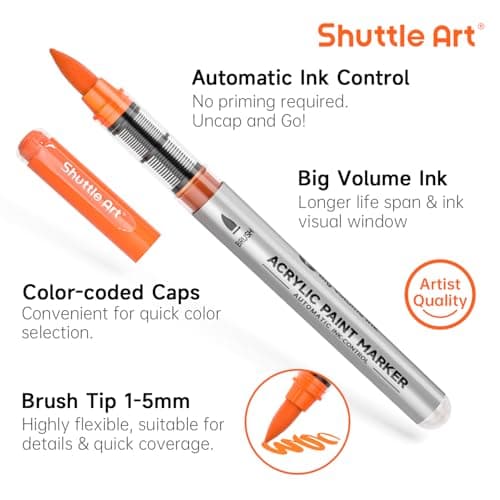 Shuttle Art Feutres Acryliques à Pointe Pinceau pour Calligraphie et Bricolage, 48 Couleurs Marqueurs Acryliques sur Cér