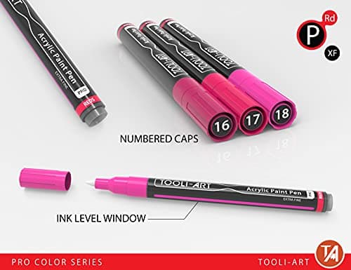 Marqueurs acryliques rouge et rose Pro Color 0,7 mm - peinture sur roche, verre, tasses, bois, métal, toile | Lot de 22