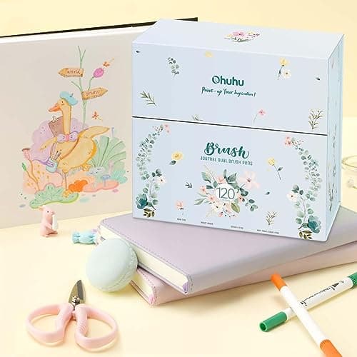 Ohuhu Feutres à Colorier Adultes, 120 Couleurs Aquarelle, Double Pointe Fine et Pinceau, Idéal pour Calligraphie et Dess
