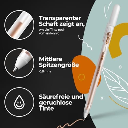 Colozoo Ensemble de 4 Stylos Gel Métalliques 0.8mm | Rapidement Séchables pour Dessin Inc. | Couleurs Or, Argent, Cuivre