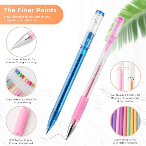 ZSCM Lot de 400 stylos gel artistiques 200 couleurs avec 200 recharges pour adultes, pointes fines métallisées, parfait