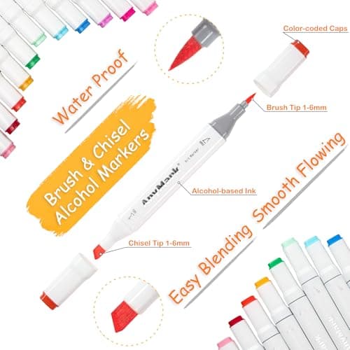 Marqueurs à alcool AnyMark 100+1 couleurs double pointe biseautée - Idéal pour dessin, illustration et coloriage - Étui