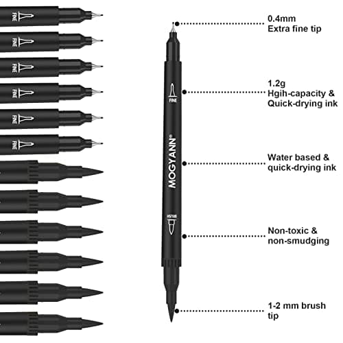 Mogyann Feutres Coloriage Adulte Lot de 12 marqueurs noirs à double pinceau pour dessiner et esquisser de l'art - Pratiq