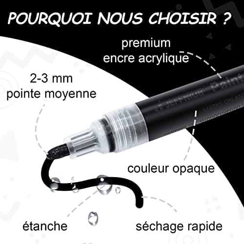 JEFFNIUB Marqueur Acrylique Noir Pointe Large 2-3mm pour Artiste Professionnel, Lot de 6, Peinture Permanent pour Verre,