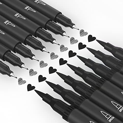 Mogyann Feutres Coloriage Adulte Lot de 12 marqueurs noirs à double pinceau pour dessiner et esquisser de l'art - Pratiq