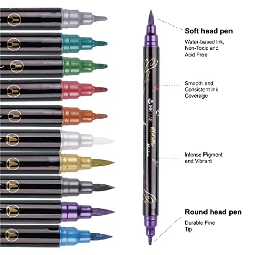 Marqueurs Métalliques 24 Couleurs pour Scrapbooking et Bricolage - Double Pointe - Moyen & Pointe du Pinceau - Artisanat