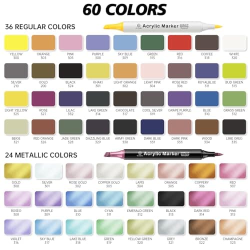 GC QUILL Feutres Acrylique - 60 couleurs - marqueurs acryliques double pointe embouts pinceau et biseau (1-5mm) - pour p