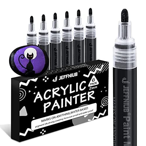 JEFFNIUB Marqueur Acrylique Noir Pointe Large 2-3mm pour Artiste Professionnel, Lot de 6, Peinture Permanent pour Verre,