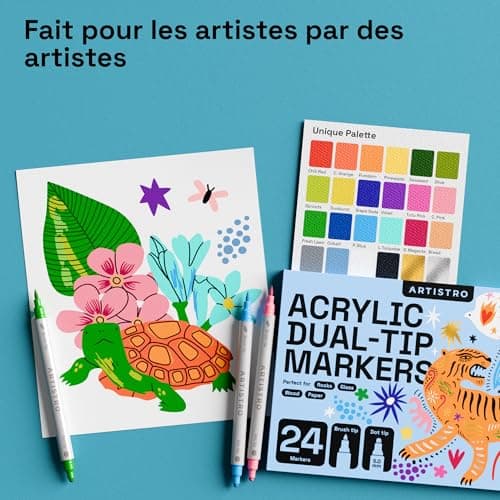 Artistro 24 feutres acryliques double pointe - peinture sur tissu, toile, pierre, verre, bois, papier - idéal pour DIY e