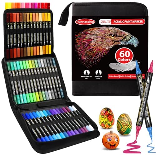 Funnasting Feutre Acrylique 60 Couleurs Double Pointe, Marqueur Peinture Acrylique Pinceau et Fin, Idéal pour Rochers, B