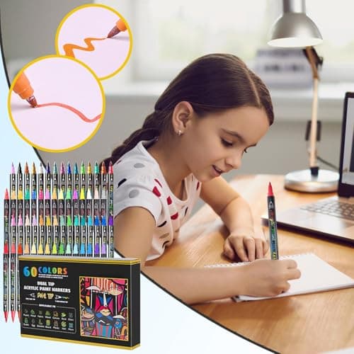 Feutres double pointe 60 couleurs acryliques pour peinture et dessin | Idéaux pour verre, tissu et bois - 60 couleurs ac