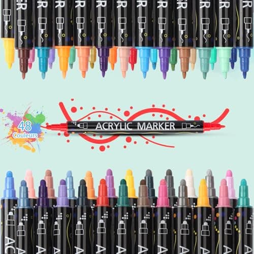 AEDAGA 48 Couleurs Feutre Acrylique pour Enfants et Adultes - Double Pointe Fine & Ronde - Coloriage et Peinture sur Ver