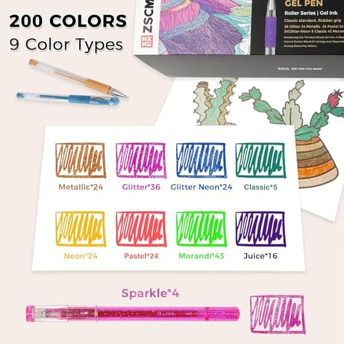 ZSCM Lot de 400 stylos gel artistiques 200 couleurs avec 200 recharges pour adultes, pointes fines métallisées, parfait
