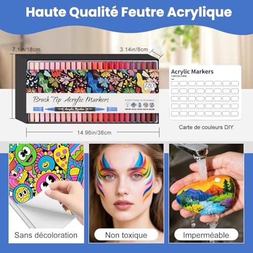 Marque Funnasting Feutre Acrylique 120 Couleurs Double Pointe Peinture Acrylique pour Verre Tissu Céramique Œuf Rocher F