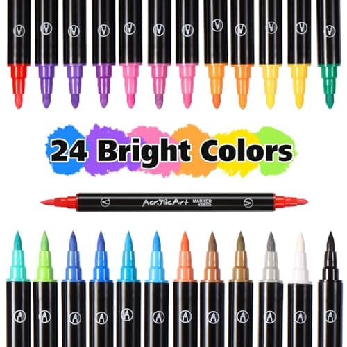 Diboniur 24 Couleurs Feutre Acrylique pour Adultes, Stylo Feutre Double Pointe Aquarelle, Acrylic Marker Idéal pour Colo