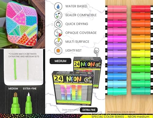 TOOLI-ART Marqueurs acryliques non toxiques pour bricolage - Lot de 24 couleurs - Séchage rapide - Parfaits pour peintur