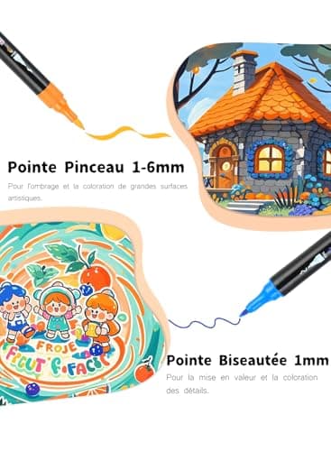 AEDAGA 60 Couleurs Feutre Acrylique pour Artistes et Enfants, Marqueur Acrylique Double Pointe avec Pinceau et Pointe Fi