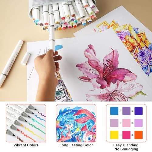 GC QUILL 54 Feutres à Alcool Double Pointe - 53 Couleurs + 1 Blender - Marqueurs Ados et Adultes pour Dessin