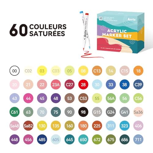 Marqueurs Acryliques Arrtx 60C Couleurs pour Peinture de Pierres et Arts Créatifs Bois Toile Verre Céramique Résistants