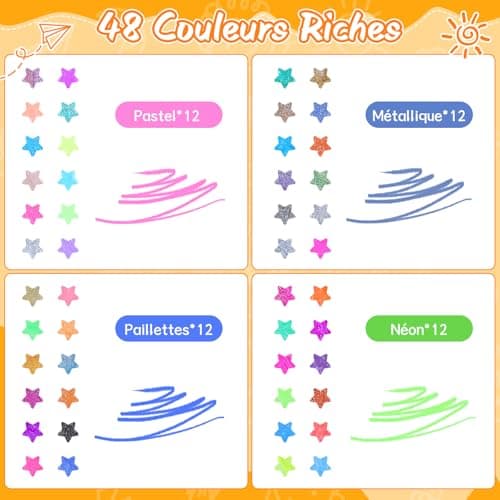 Joyoldelf 48 Stylo Gel Pailleté Métallique pour Enfants et Adultes - Paillettes Néon Pastel, Parfait Pour Peinture et Li