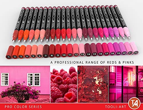 Marqueurs acryliques rouge et rose Pro Color 0,7 mm - peinture sur roche, verre, tasses, bois, métal, toile | Lot de 22
