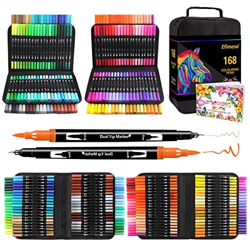 Efimeso 168 Couleurs Feutres Coloriage Adulte, Stylo Feutre Double Pointe Fine pour Artistes, Feutres Pinceaux Aquarelle