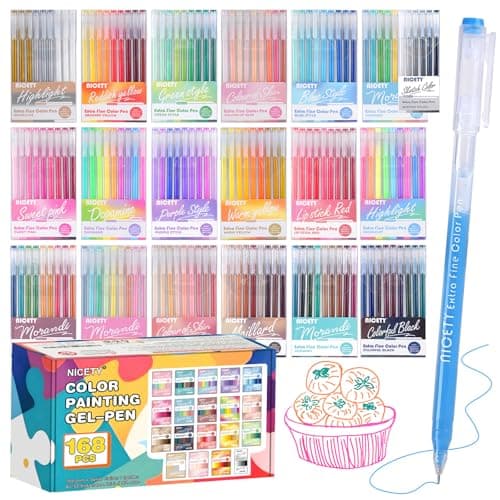 NICETY Stylo Gel Couleur pour Adultes – Set de 168 Feutres Gel avec Pointe Fine 0,5mm – Enfants & Adultes – Dessin, Colo