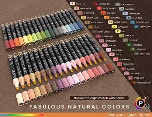 Lot de 36 feutres acryliques naturels non toxiques, couleurs terre naturelles, pointe moyenne 3 mm, pour peinture sur pi