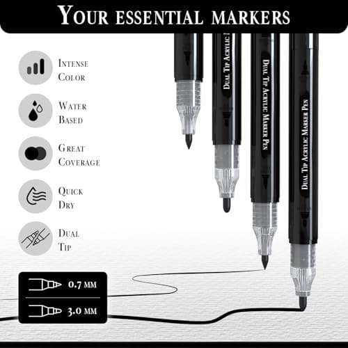 Pinturale Arts Feutre Acrylique Noir Lot de 4 | Marqueur Acrylique Noir Double Pointe Fine 0,7mm 3mm | Pour Bois Verre P