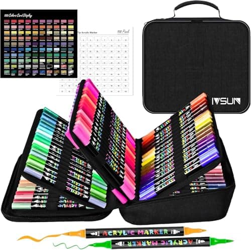 IVSUN Acrylique Marqueur pour Pierre Bois Toile - Peinture Stylo Pointe Fine & Pinceau Multicouleur pour Artisanat DIY — 100 Couleurs