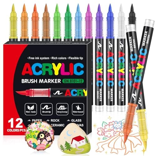 Feutre Acrylique WOGOPRO 120 Couleurs pour Calligraphie et Peinture sur Bois, Pierre, Toile et Céramique - Stylo Acrylic — 12 Couleurs