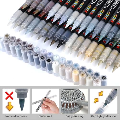 NICETY Marqueurs Acryliques 32 Couleurs – Stylos Pinceaux pour Peinture sur Pierre, Bois, Verre, Céramique – Pointe Pinc