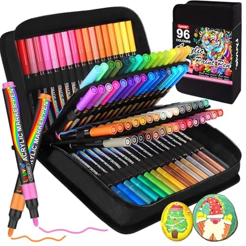 Marque Lyuvie Feutre Acrylique 96 Couleurs Pointe Moyenne 3mm Peinture Rocher Tissu Plastique Verre Caillou Pierre Métal