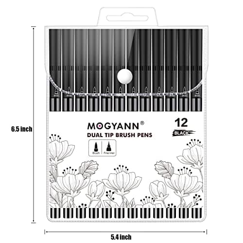Mogyann Feutres Coloriage Adulte Lot de 12 marqueurs noirs à double pinceau pour dessiner et esquisser de l'art - Pratiq