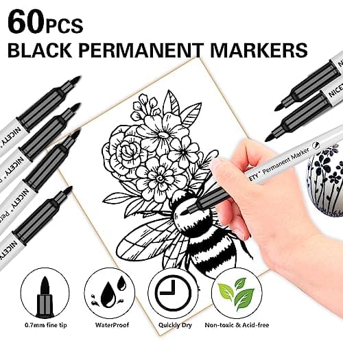 NICETY Lot de 60 Stylos Marqueurs Noirs Indélébiles Pointe Fine pour Artistes Adultes, Dessin & Marquage sur Verre, Bois