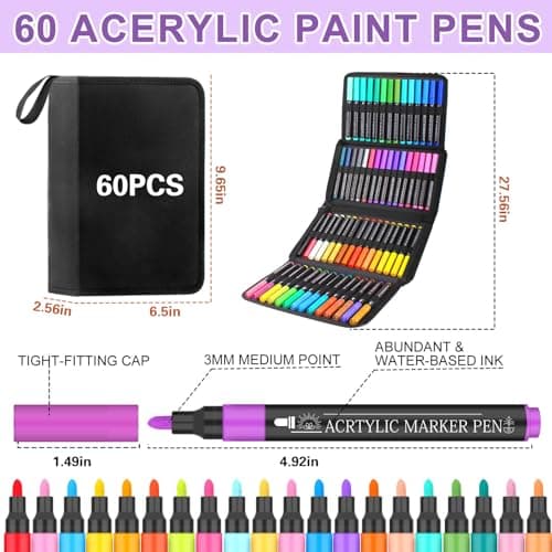 Stylos Peinture Acrylique 60 Feutres – Séchage Rapide, Résistant et Couleurs Vives