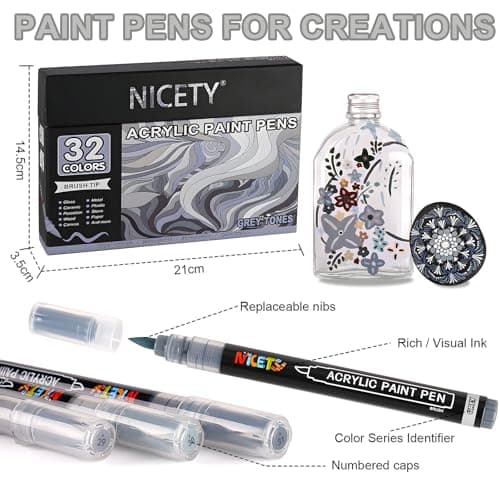 NICETY Marqueurs Acryliques 32 Couleurs – Stylos Pinceaux pour Peinture sur Pierre, Bois, Verre, Céramique – Pointe Pinc