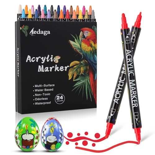 AEDAGA 48 Couleurs Feutre Acrylique pour Enfants et Adultes - Double Pointe Fine & Ronde - Coloriage et Peinture sur Ver — 24 Couleurs