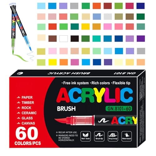 Nudorpn Marqueurs de pinceau en acrylique pour artistes, Set de marqueurs acryliques pour peinture, Pens pour peinture a — 60 couleurs