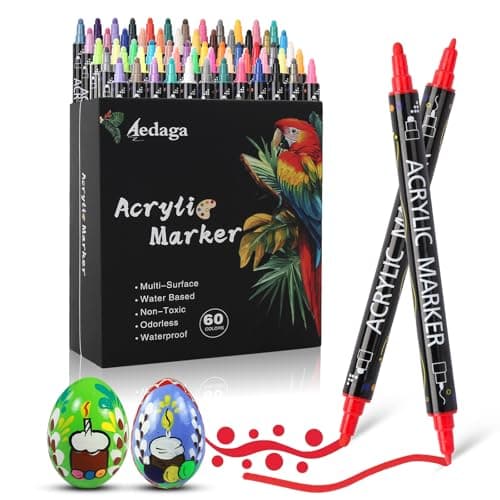 AEDAGA 48 Couleurs Feutre Acrylique pour Enfants et Adultes - Double Pointe Fine & Ronde - Coloriage et Peinture sur Ver — 60 Couleurs