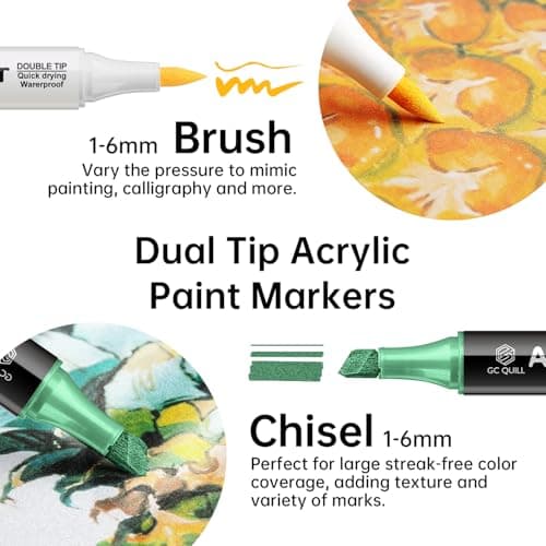 GC QUILL Feutres Acrylique - 60 couleurs - marqueurs acryliques double pointe embouts pinceau et biseau (1-5mm) - pour p