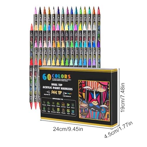 Feutres double pointe 60 couleurs acryliques pour peinture et dessin | Idéaux pour verre, tissu et bois - 60 couleurs ac