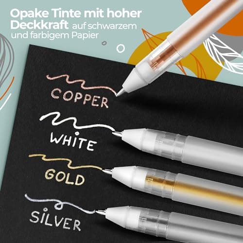 Colozoo Ensemble de 4 Stylos Gel Métalliques 0.8mm | Rapidement Séchables pour Dessin Inc. | Couleurs Or, Argent, Cuivre