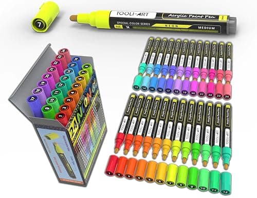TOOLI-ART Marqueurs acryliques non toxiques pour bricolage - Lot de 24 couleurs - Séchage rapide - Parfaits pour peintur