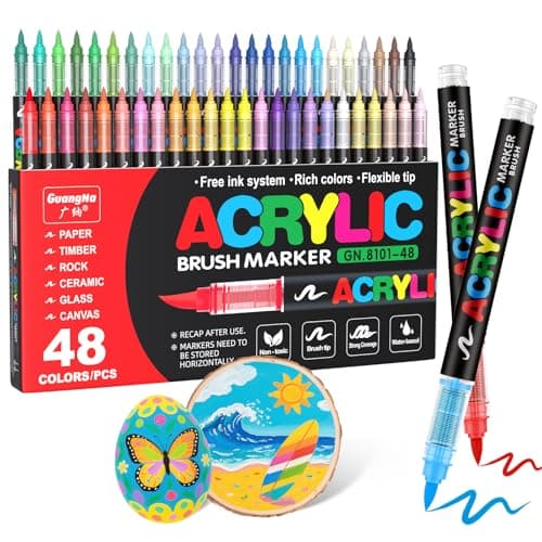 Guangna Acrylique Markers 240 Pointes Pinceau, Couleurs pour Adultes, Dessin, Peinture sur Pierre, Céramique, Verre, Boi — 48 Couleur