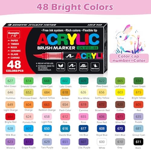 Marqueurs acryliques imperméables VAKKI - Lot de 48 - Pointe pinceau - Idéaux pour les pierres, verre, bois et plastique