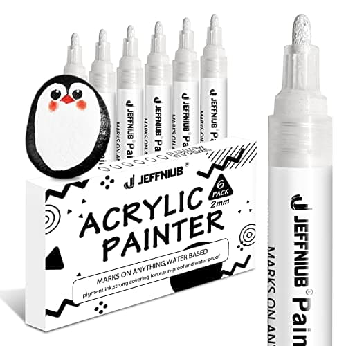 JEFFNIUB Marqueur Acrylique Noir Pointe Large 2-3mm pour Artiste Professionnel, Lot de 6, Peinture Permanent pour Verre, — Blanc