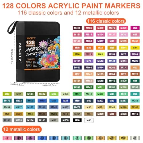 NICETY Marqueur Peinture Acrylique 128 Pcs - Peinture Stylo Acrylique pour Bois, Toile, Verre, Céramique - Double Pointe