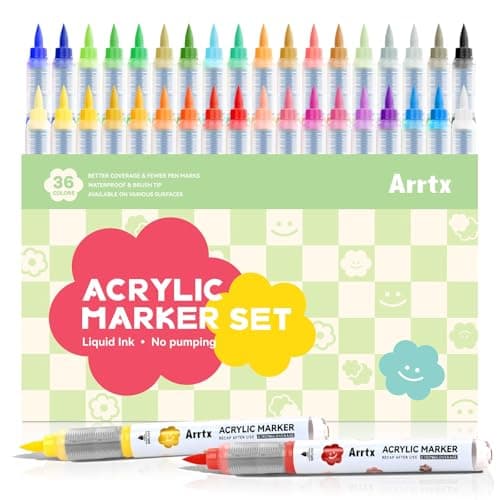 Marqueurs Acryliques Arrtx 36 Couleurs pour Peinture de Roches, Verre, Pierre et Bois - Set Pointe Pinceau