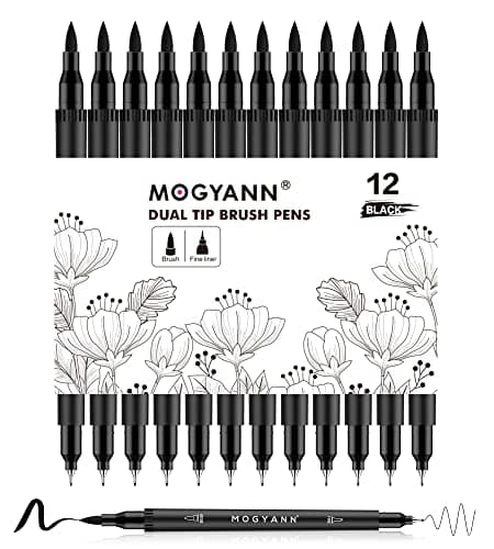 Mogyann Feutres Coloriage Adulte Lot de 12 marqueurs noirs à double pinceau pour dessiner et esquisser de l'art - Pratiq